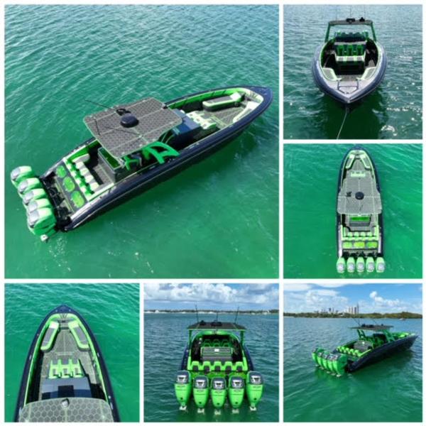 Midnight Express Open 43 2020 Midnight Express Open 43 boat with vibrant green accents on the water.
