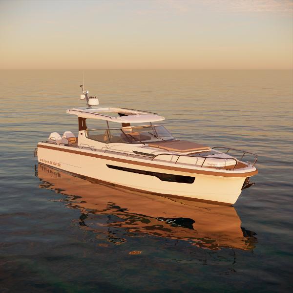 Nimbus W11 2024 Nimbus W11 luxury yacht on calm waters at sunset.