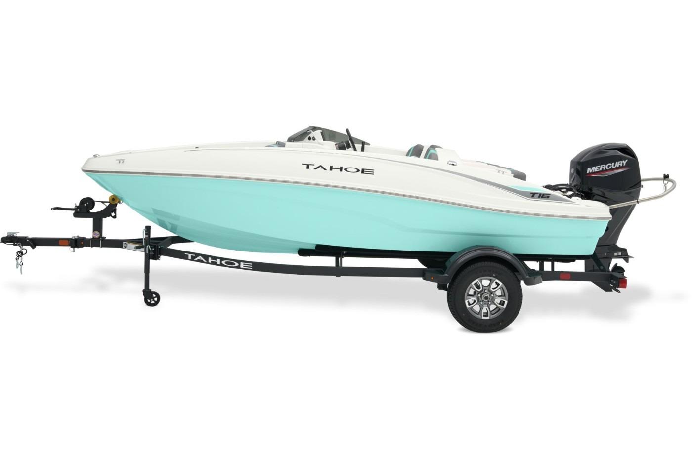 Tahoe T16 2026 Tahoe T16 boat on trailer with Mercury outboard motor, side view.