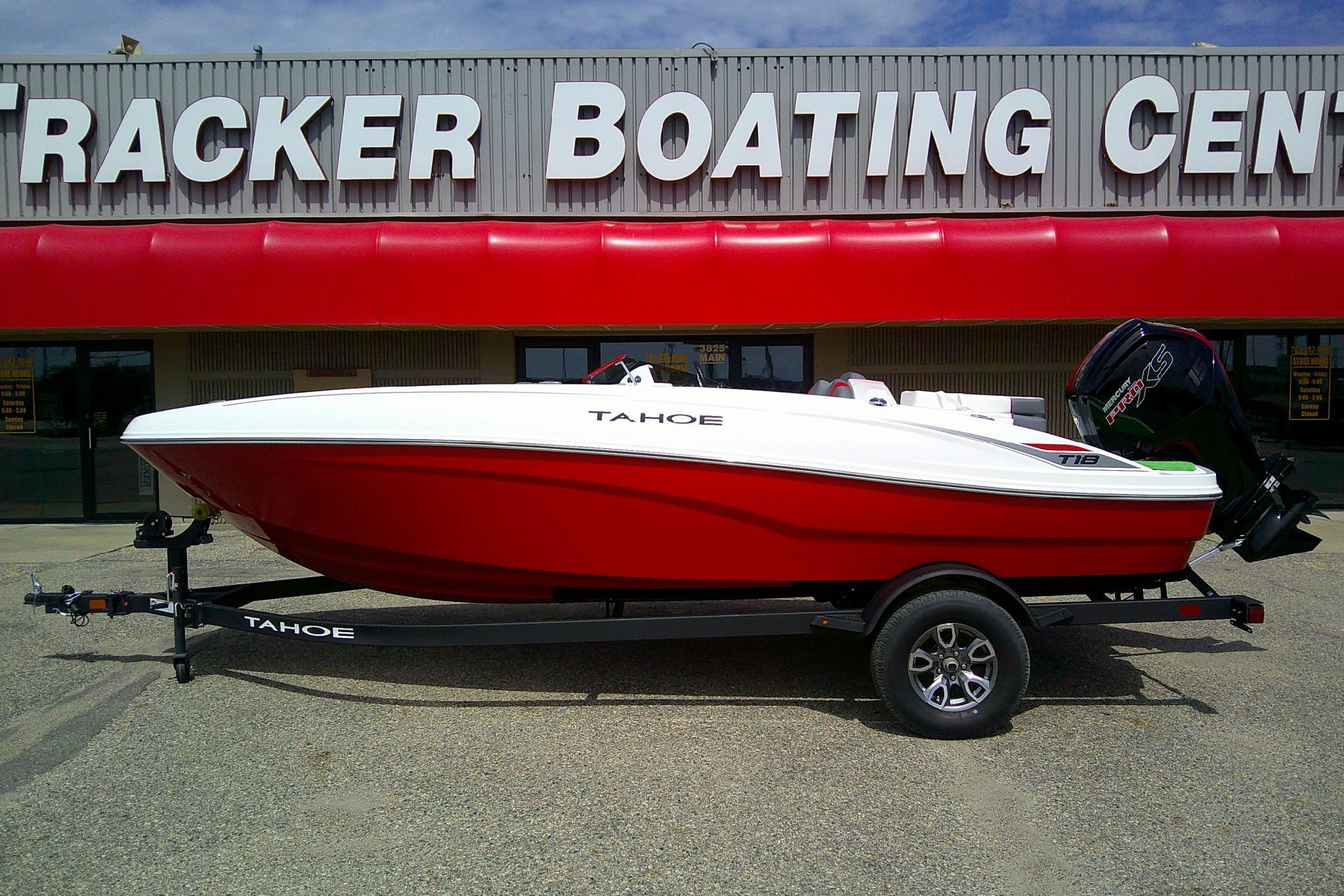 Tahoe T18 2025 Tahoe T18 boat on trailer at Tracker Boating Center.