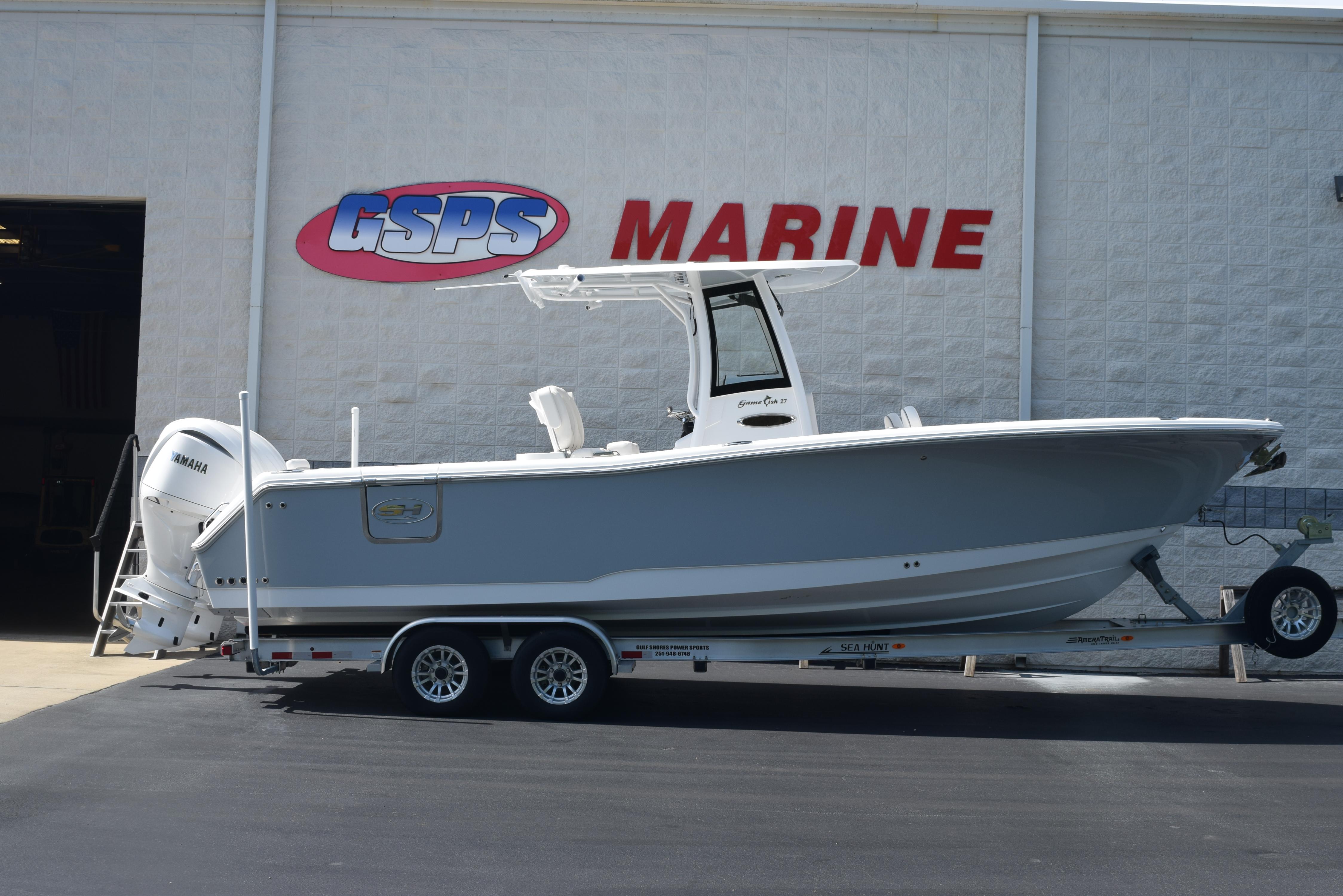 Sea Hunt Gamefish 27 Forward Seating 2026 Sea Hunt Gamefish 27 boat on trailer at GSPS Marine dealership.