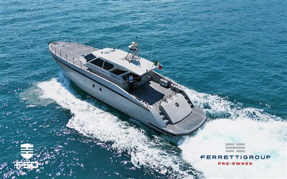 Ferretti Yachts 195 2018 Ferretti Yachts 195 cruising on open water, pre-owned luxury yacht.