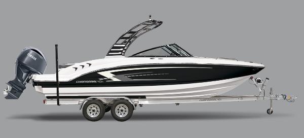 Chaparral 23 SSi OB 2025 Chaparral 23 SSi OB boat on trailer, side view, gray background.
