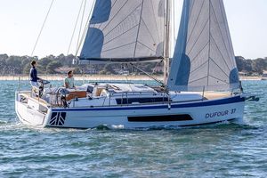 Dufour 37 2024 Dufour 37 sailboat cruising on open water with two people onboard.