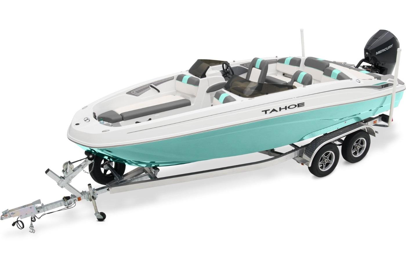 Tahoe T21 2026 Tahoe T21 boat on trailer, turquoise and white design, with Mercury outboard motor.