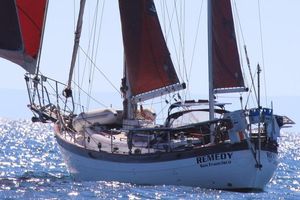 Hans Christian 43 1980 Hans Christian 43 sailboat "Remedy" on sparkling blue water, San Francisco.