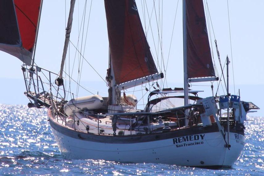Hans Christian 43 1980 Hans Christian 43 sailboat "Remedy" on sparkling blue water, San Francisco.