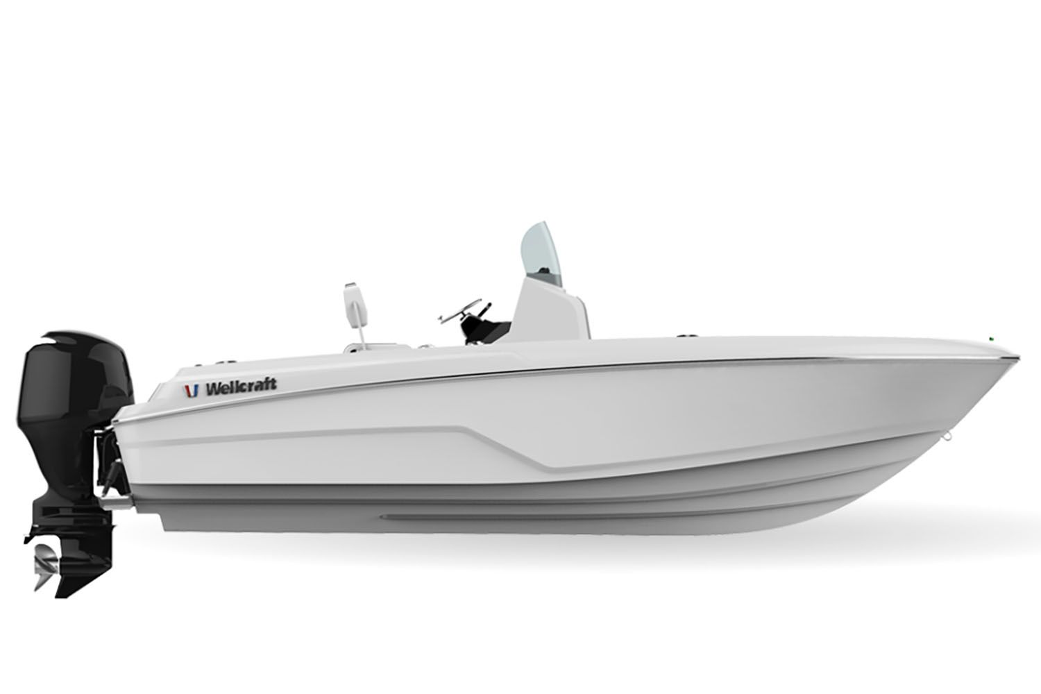 Wellcraft 202 Fisherman 2025 Wellcraft 202 Fisherman boat, side view, white hull, outboard motor.