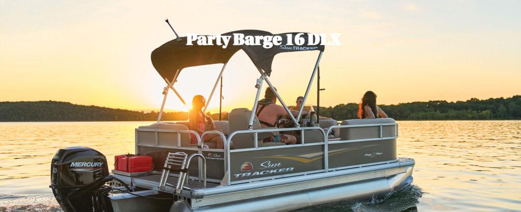 Sun Tracker Bass Buggy 18 DLX Sun Tracker BASS BUGGY® 18 DLX pontoon boat cruising on a lake at sunset, 2026 model.