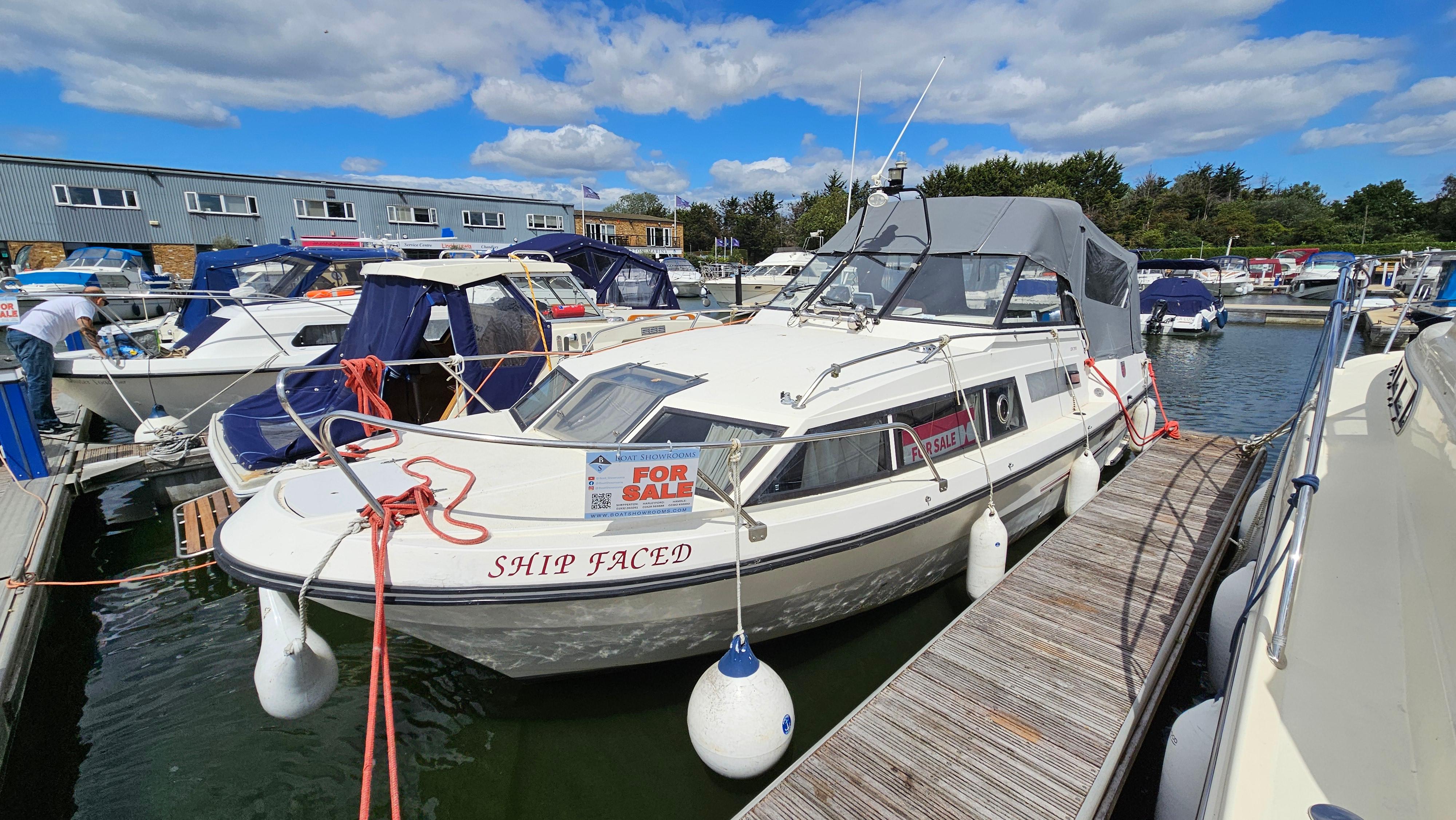 Marex Consul 77 1990 Marex Consul 77 boat docked, labeled "Ship Faced," with a "For Sale" sign.