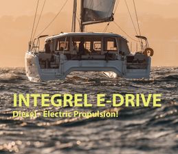 Nautitech 44 Open 2025 Nautitech 44 Open catamaran with Integrel E-Drive diesel-electric propulsion sailing at sunset.