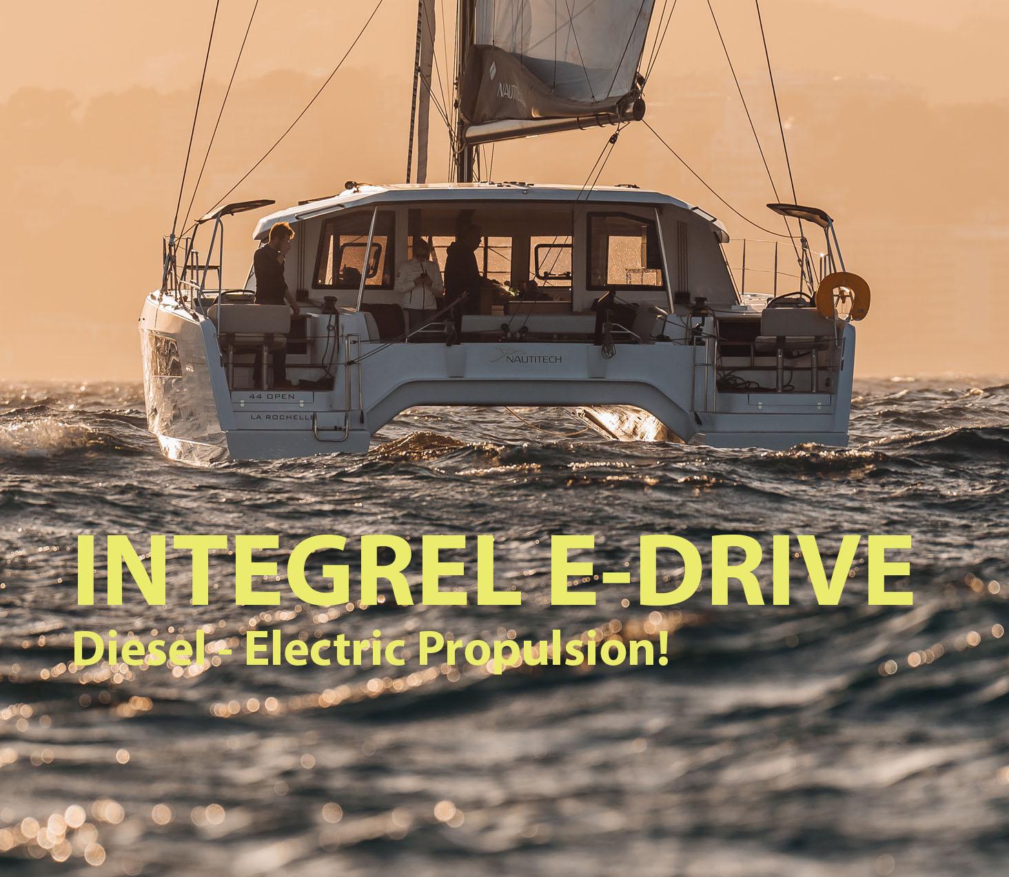 Nautitech 44 Open 2025 Nautitech 44 Open catamaran with Integrel E-Drive diesel-electric propulsion sailing at sunset.