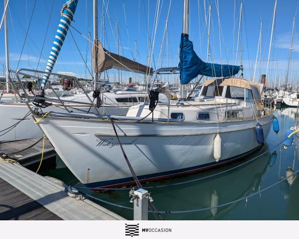 Hallberg-Rassy Rasmus 35 1976 Hallberg-Rassy Rasmus 35 sailboat docked in a marina under clear blue skies.