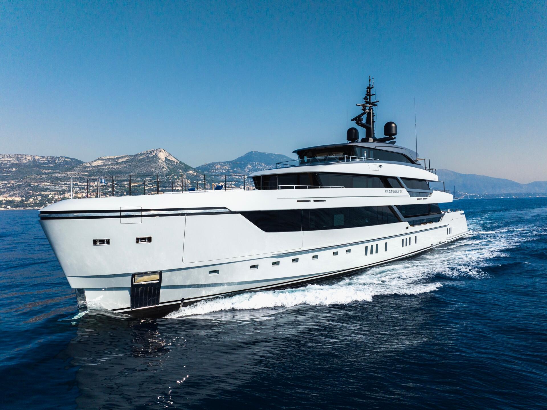 Sanlorenzo 57Steel Luxury Sanlorenzo 57Steel yacht cruising on open sea, 2023 model.