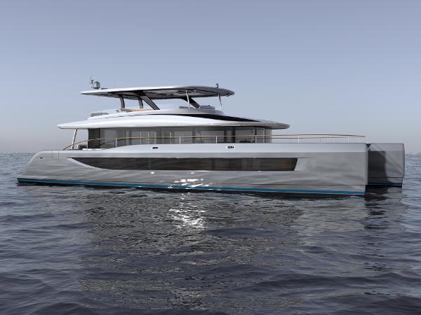 Catamaran HS 80 Futuristic 2025 Catamaran HS 80 on calm sea, showcasing sleek design and modern architecture.