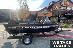 Tracker Pro Guide V-175 WT 2026 Tracker Pro Guide V-175 WT boat displayed outside Bass Pro Shops, with trade-in options available.