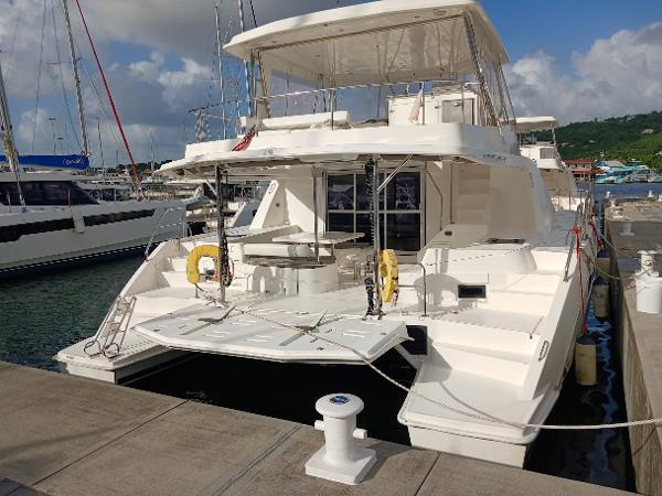 Leopard 51 Powercat 2018 Leopard 51 Powercat docked at marina, rear view.