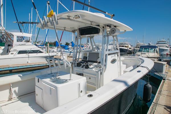 Sea Hunt Gamefish 29 Sea Hunt Gamefish 29 boat, 2010 model, docked at marina with clear blue sky.
