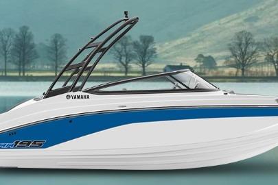 Yamaha Boats AR195 2026 Yamaha Boats AR195, sleek design, blue and white, on serene water background.