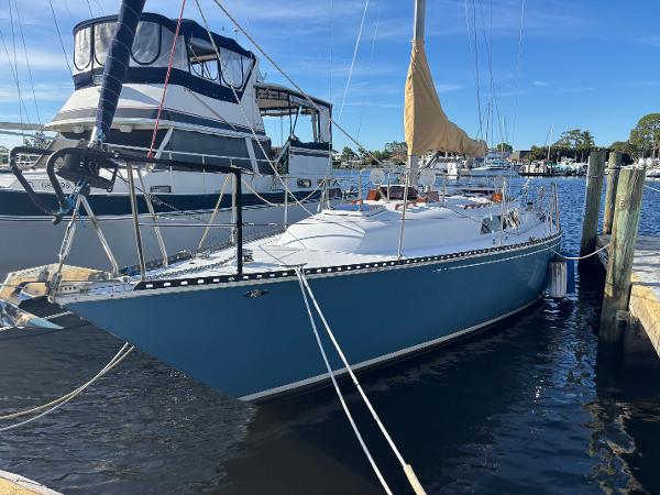 C&C Landfall 38 1980 C&C Landfall 38 sailboat docked in marina, blue hull, sunny day.