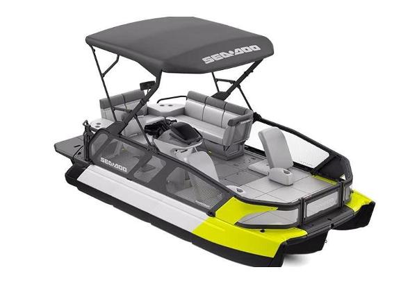 Sea-Doo Switch Sport 21 2024 Sea-Doo Switch Sport 21 pontoon boat with canopy and seating.