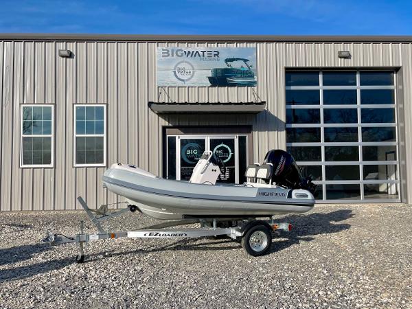 Highfield Sport 360 2023 Highfield Sport 360 boat on trailer outside Big Water Marine building.