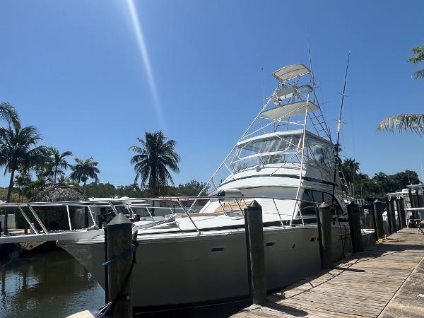 Bertram 46 Convertible 1983 Bertram 46 Convertible yacht docked under clear blue sky with palm trees.