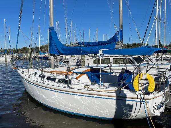 Catalina 30 1982 Catalina 30 sailboat docked in marina with blue covers and clear sky.