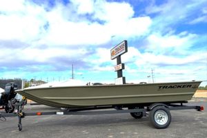 Tracker Grizzly 1648 Utility 2026 Tracker Grizzly 1648 Utility boat on trailer under blue sky.