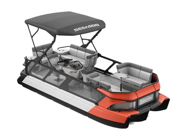 Sea-Doo Sport Boats Switch® Cruise 21 - 170 hp 2024 Sea-Doo Switch® Cruise 21 - 170 hp pontoon boat with canopy and seating.
