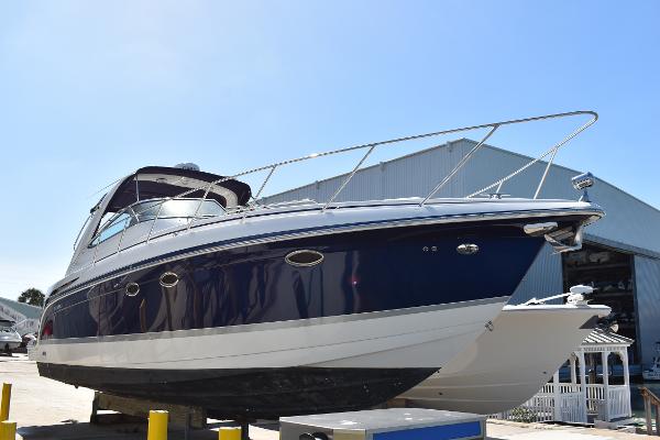 Formula 37 PC 2005 Formula 37 PC yacht on dry dock, blue and white hull.