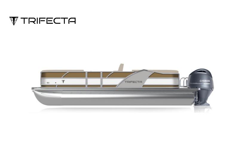 Trifecta 25 RFC SS 2026 Trifecta 25 RFC SS pontoon boat with Yamaha outboard motor, side view.