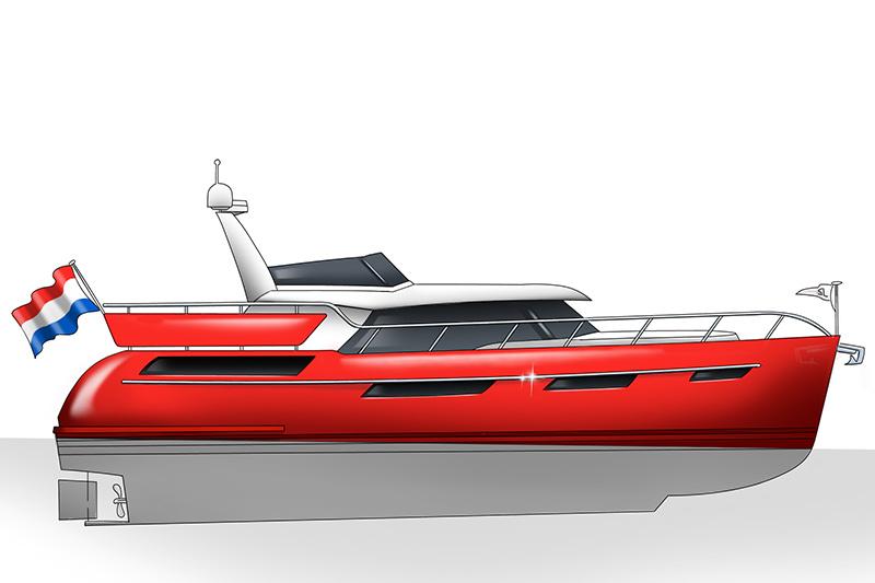 Super Lauwersmeer Discovery 43 AC Red Super Lauwersmeer Discovery 43 AC yacht, 2028 model, with Dutch flag, side view.