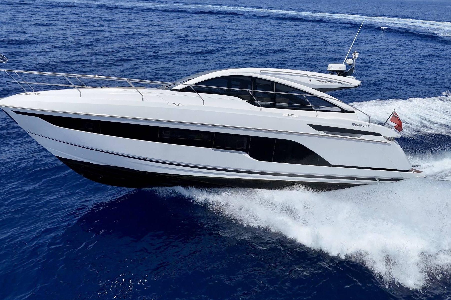 Fairline Targa 45 2023 Fairline Targa 45 yacht cruising on open blue sea.