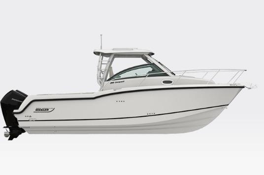 Boston Whaler 285 Conquest 2026 Boston Whaler 285 Conquest boat, side view, white hull, sleek design.