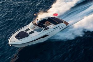 Windy 39 2019 Windy 39 yacht cruising swiftly on open water.