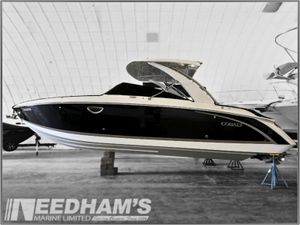 Cobalt R30 2018 Cobalt R30 boat in showroom, black and white design, displayed at Needham's Marine Limited.
