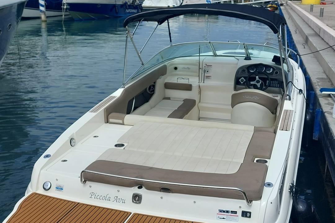 Sea Ray 240 SSE 2010 Sea Ray 240 SSE boat docked, featuring spacious seating and sleek design.