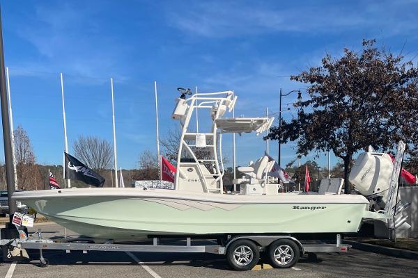 Ranger 2660 Bay 2024 Ranger 2660 Bay boat on a trailer in a parking lot.