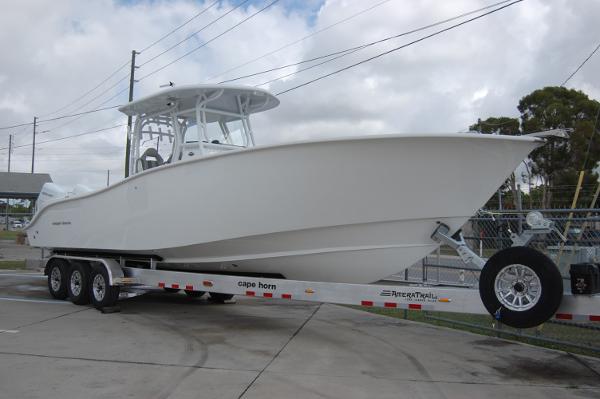 Cape Horn 34 XS 2025 Cape Horn 34Xs boat on trailer, side view.