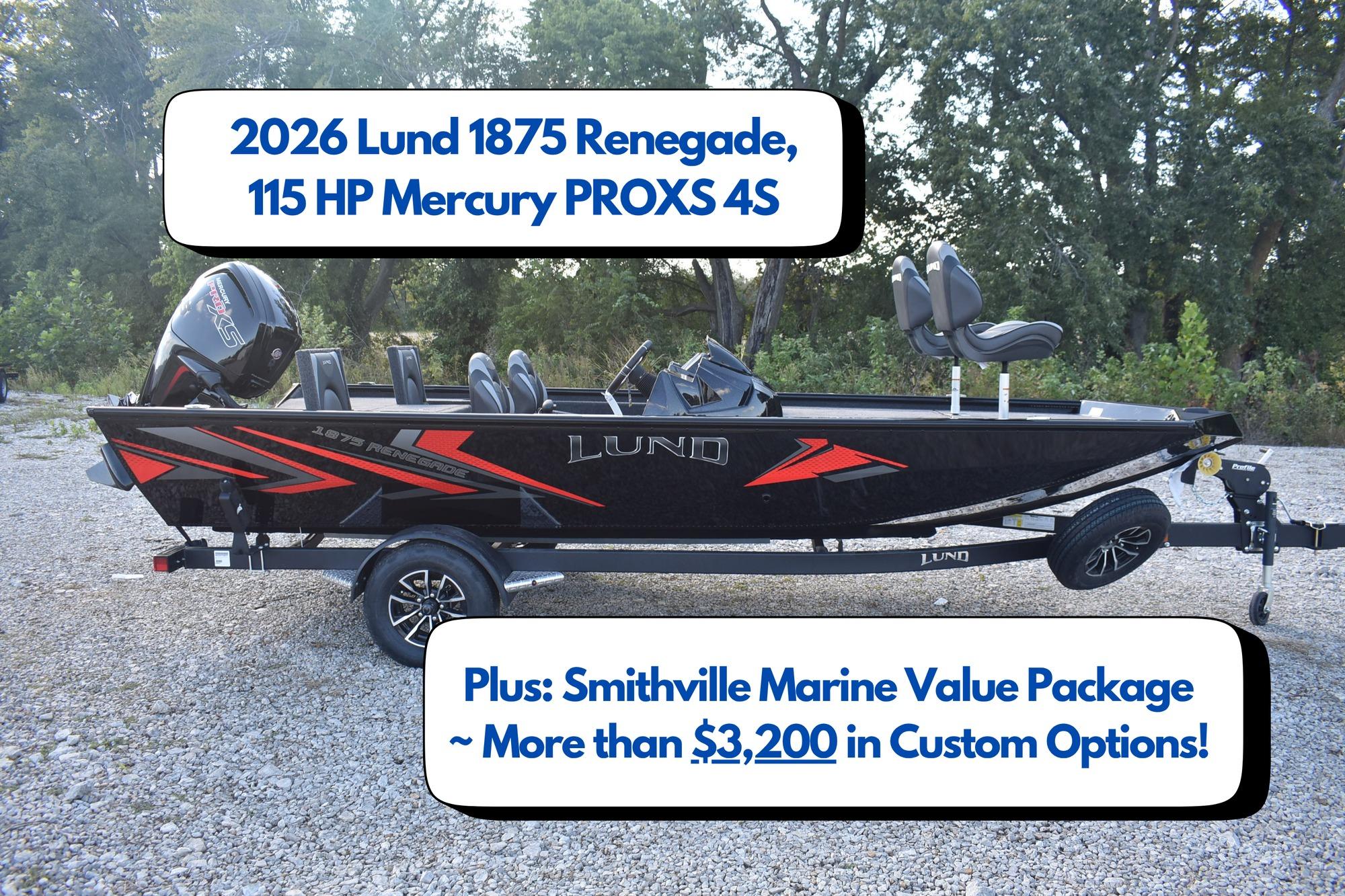 Lund 1875 Renegade 2026 Lund 1875 Renegade boat with 115 HP Mercury PROXS 4S engine, custom options included.