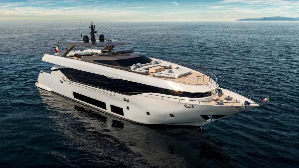 Maiora 30m Luxurious 2026 Maiora 30m yacht cruising on open sea under clear skies.