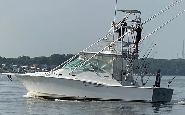 Luhrs 36 SX 2000 Luhrs 36 SX boat on calm water, featuring fishing rods and a tower.