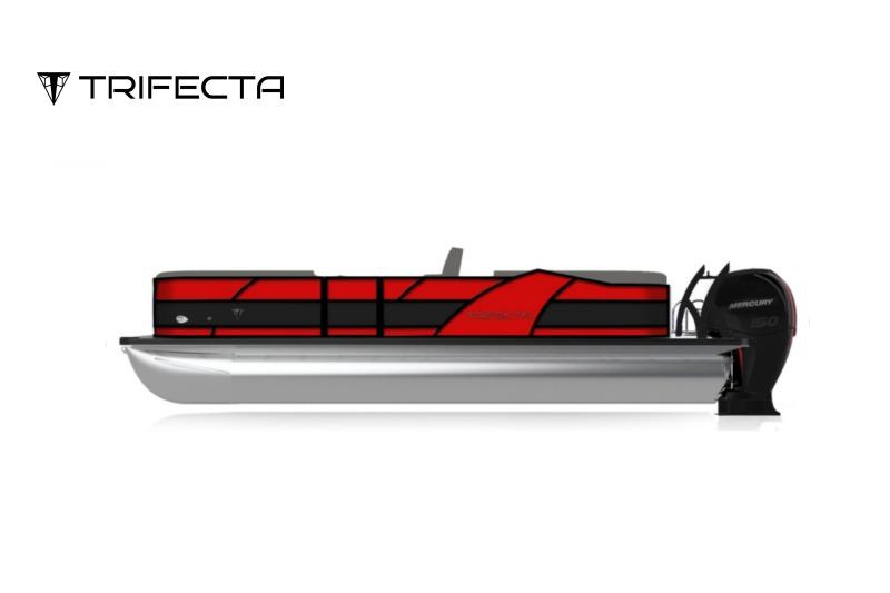Trifecta 21C SS 2026 Trifecta 21C SS pontoon boat, sleek red and black design, side view.