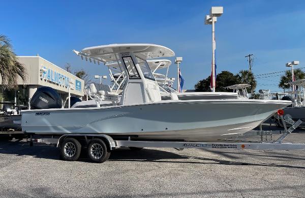Sea Fox 251 Bay Fox 2024 Sea Fox 251 Bay Fox boat on a trailer in a dealership lot.