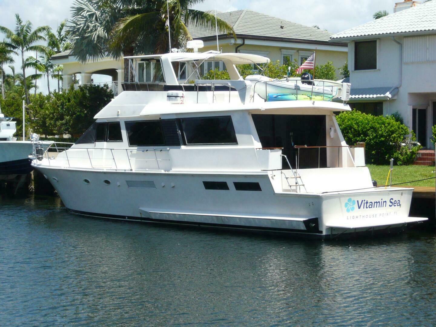 Viking Cockpit Motor Yacht 1990 Viking Cockpit Motor Yacht docked by waterfront homes, named "Vitamin Sea."