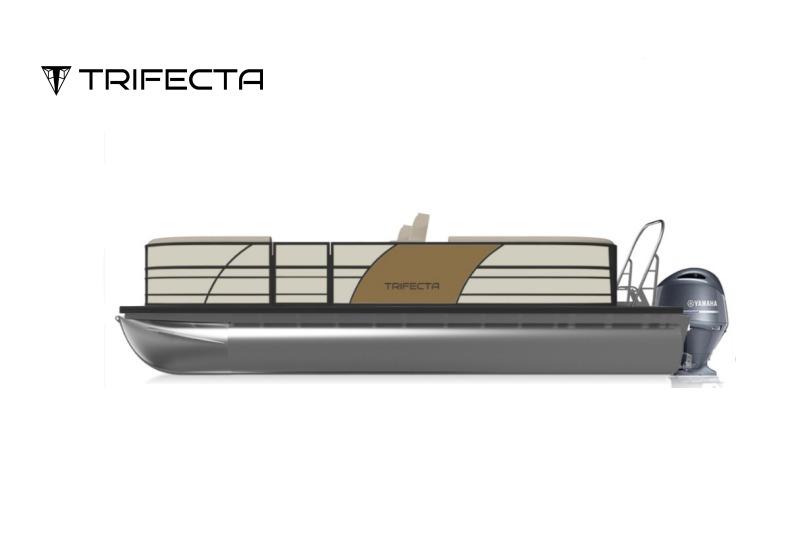 Trifecta 24E CS 2026 Trifecta 24E CS pontoon boat with Yamaha outboard motor, side view.