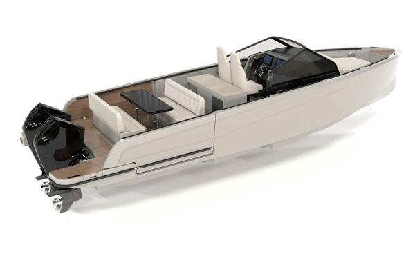 Virtue V10 open Virtue V10 Open 2025 boat with sleek design, modern seating, and powerful outboard motor.