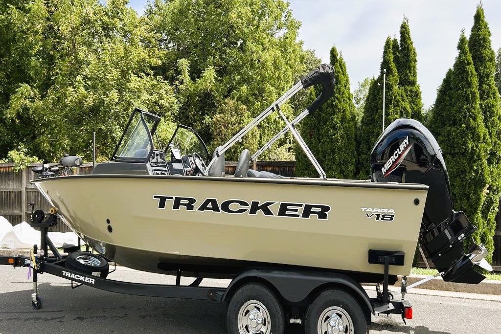 Tracker Targa V-18 WT 2026 Tracker Targa V-18 WT boat on trailer, parked outdoors.