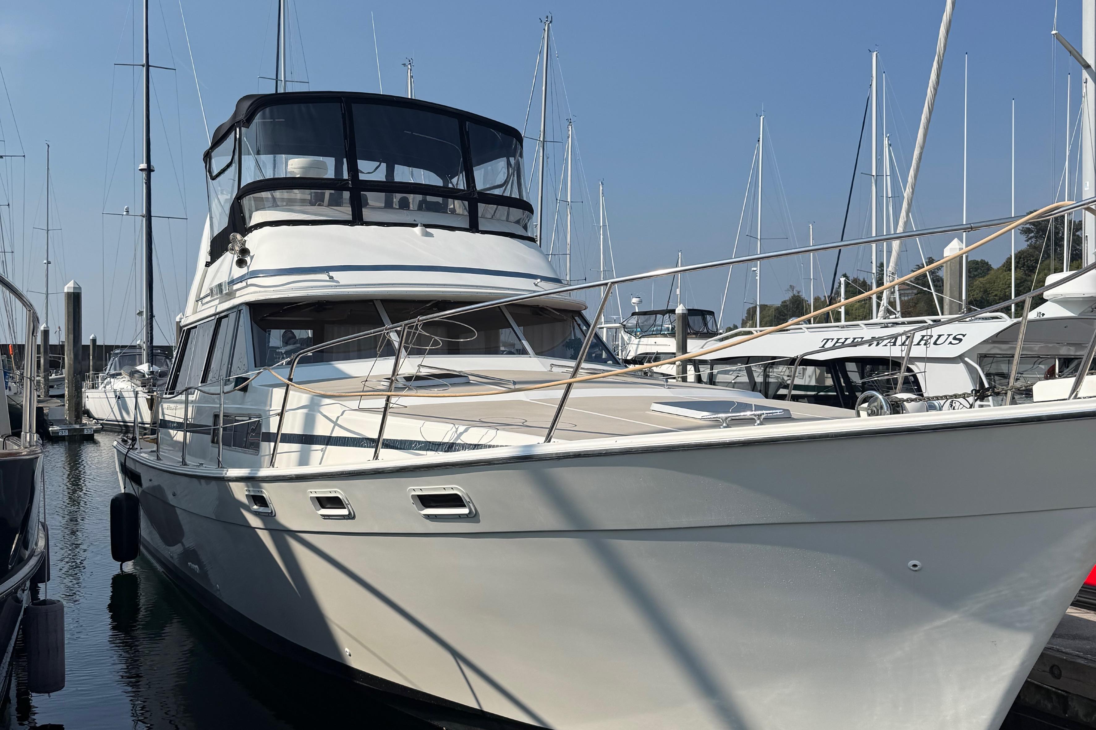 Bayliner 3870 Motoryacht 1983 Bayliner 3870 Motoryacht docked at marina, surrounded by sailboats.